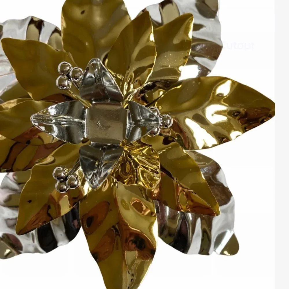 Vintage Department 56 Poinsettia Taper Candle Holder Silver Gold Shinny Finish
